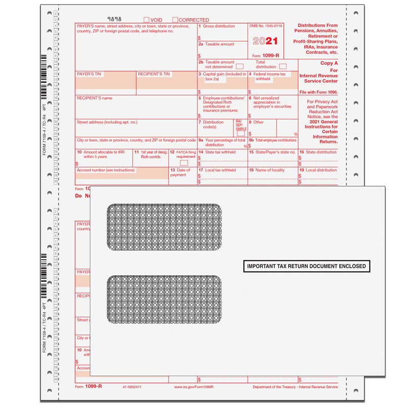 1099-R 6-Part Continuous TaxPacks With Envelopes (Self-Seal)